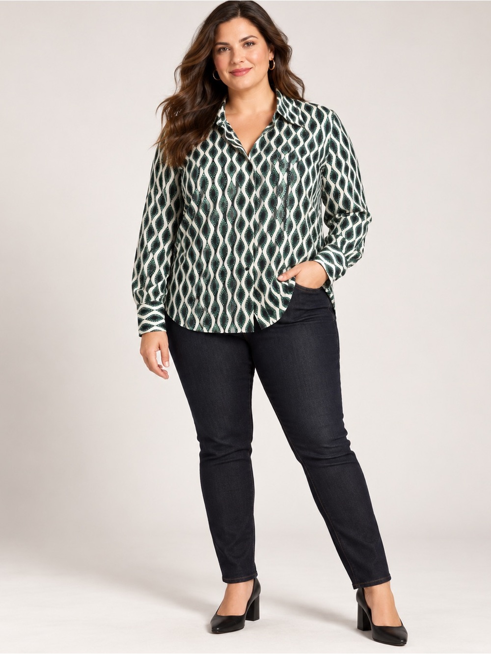 Lane Bryant Green and White Wave-Print Button-Down Shirt - Picture 1 of 7